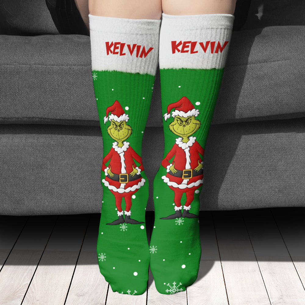 Personalized Grinch Christmas Socks Custom Name Gift Socks GradoCreations