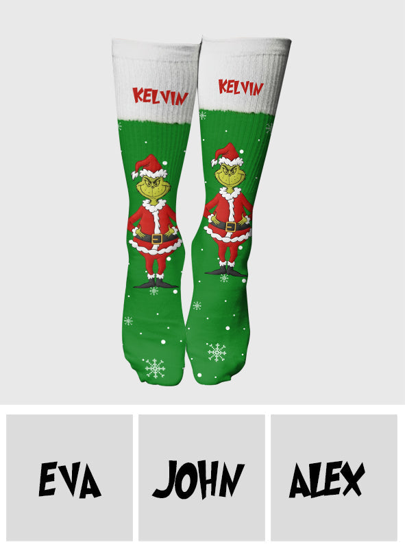 Personalized Grinch Christmas Socks Custom Name Gift Socks GradoCreations