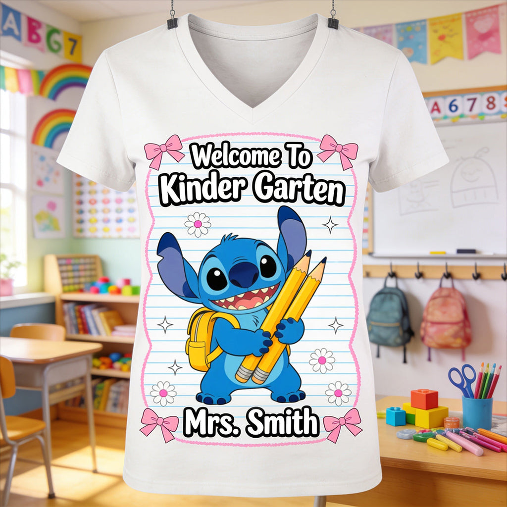 Personalized V-Neck T-Shirt Welcome to Kindergarten Gift for Teacher Fully Printed V-Neck T-Shirt GradoCreations