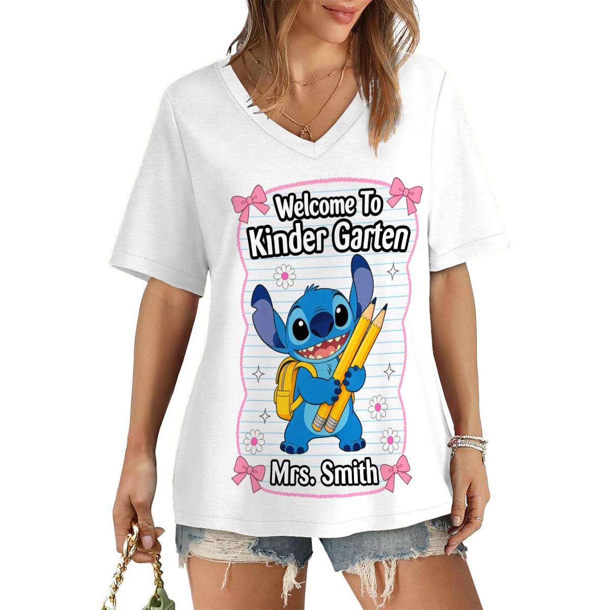 Personalized V-Neck T-Shirt Welcome to Kindergarten Gift for Teacher Fully Printed V-Neck T-Shirt GradoCreations
