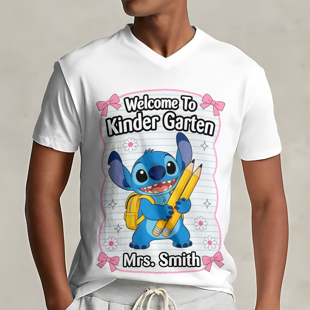 Personalized V-Neck T-Shirt Welcome to Kindergarten Gift for Teacher Fully Printed V-Neck T-Shirt GradoCreations