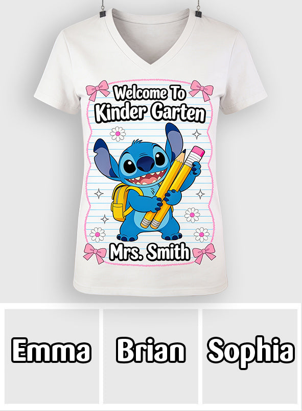 Personalized V-Neck T-Shirt Welcome to Kindergarten Gift for Teacher Fully Printed V-Neck T-Shirt GradoCreations