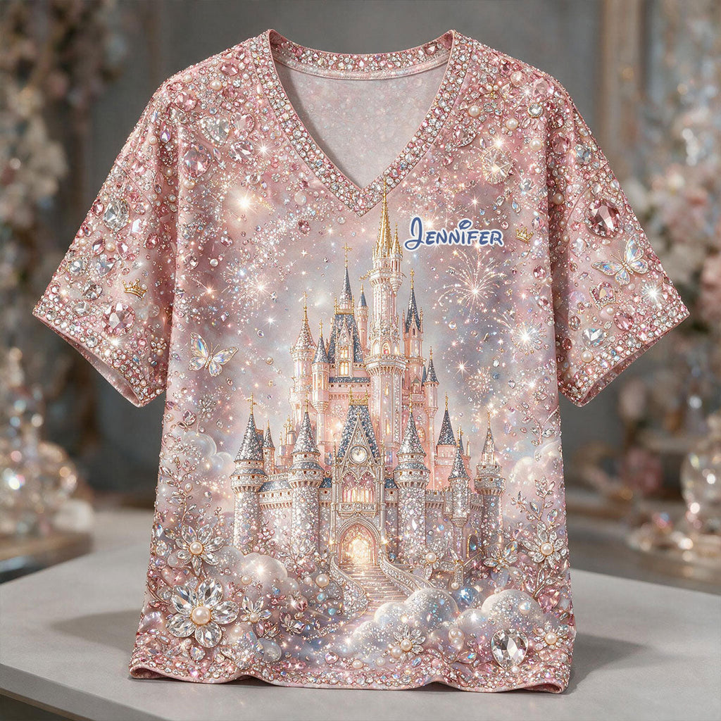 Personalized Magic Castle V-Neck T-Shirt Custom Name Gift Fully Printed V-Neck T-Shirt GradoCreations