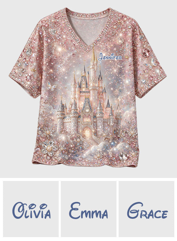 Personalized Magic Castle V-Neck T-Shirt Custom Name Gift Fully Printed V-Neck T-Shirt GradoCreations