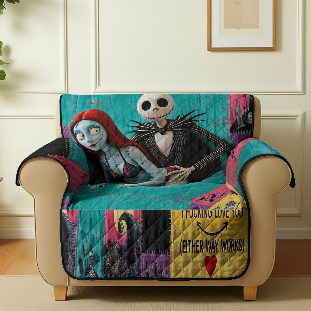Personalized Gothic Love Quilted Sofa Cover Custom Design Quilted Sofa/Couch Cover GradoCreations