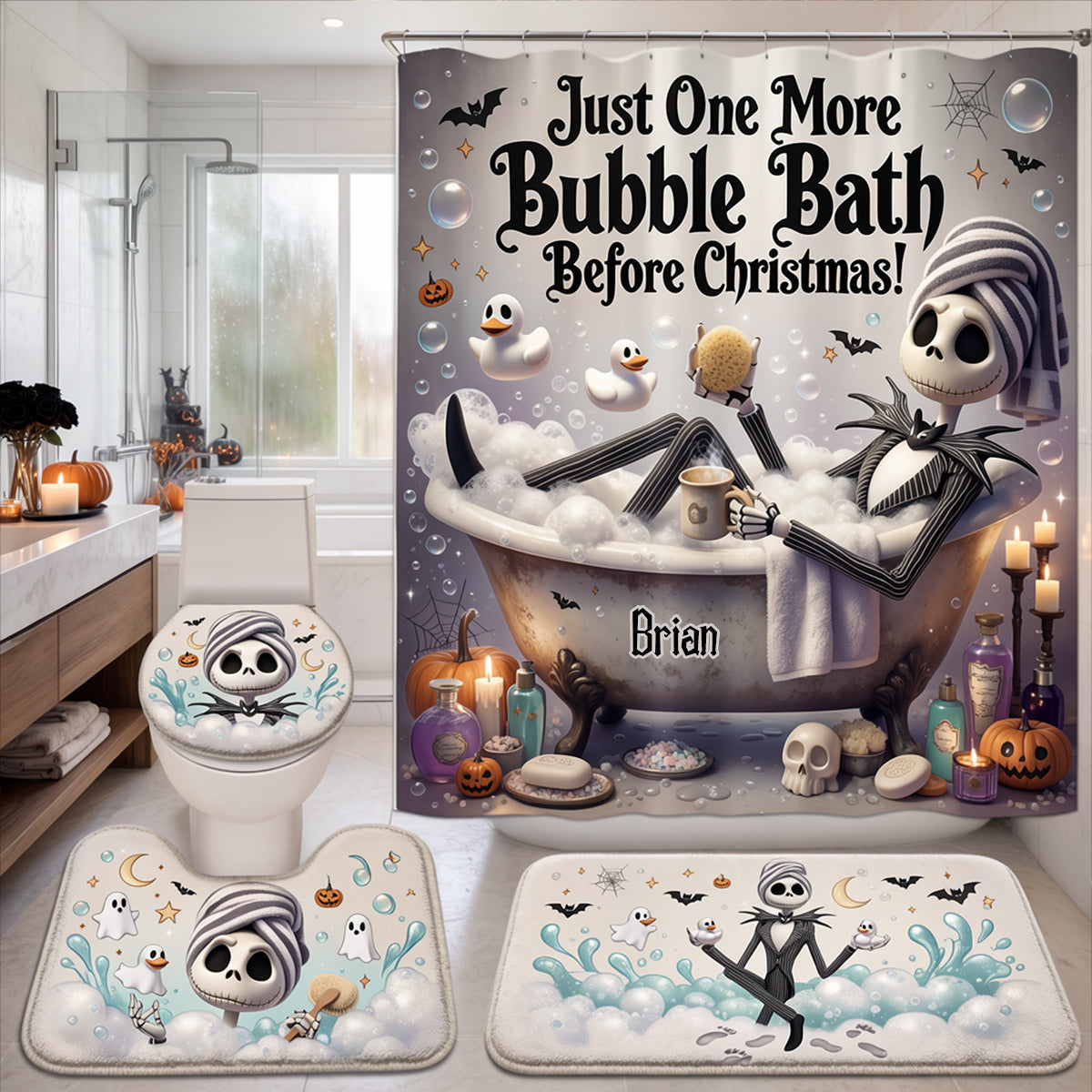 Personalized Nightmare Before Christmas Bathroom Curtain & Mats Set Bathroom Curtain & Mats Set GradoCreations