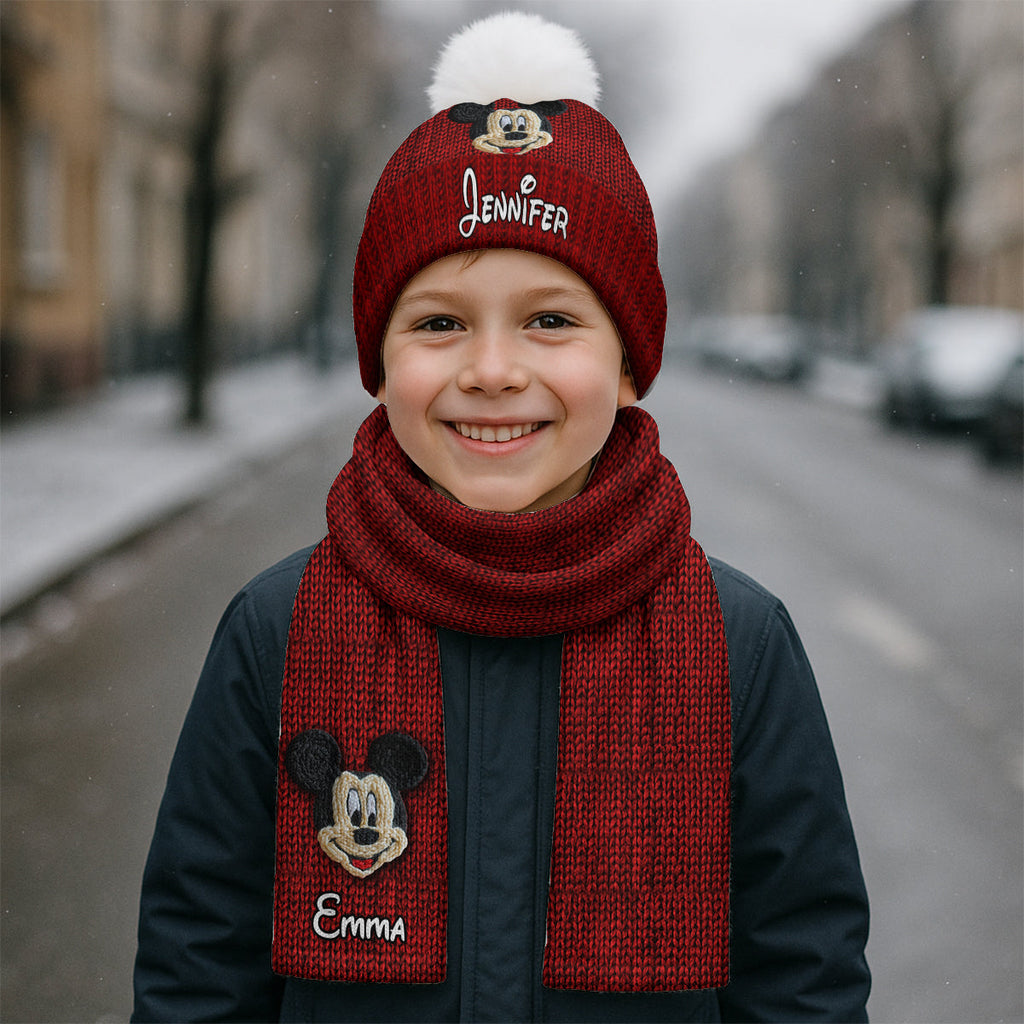 Personalized 3D Mouse Beanie Hat for Kids Custom Name Gift Knitted Beanie Hat and Scarf Set GradoCreations