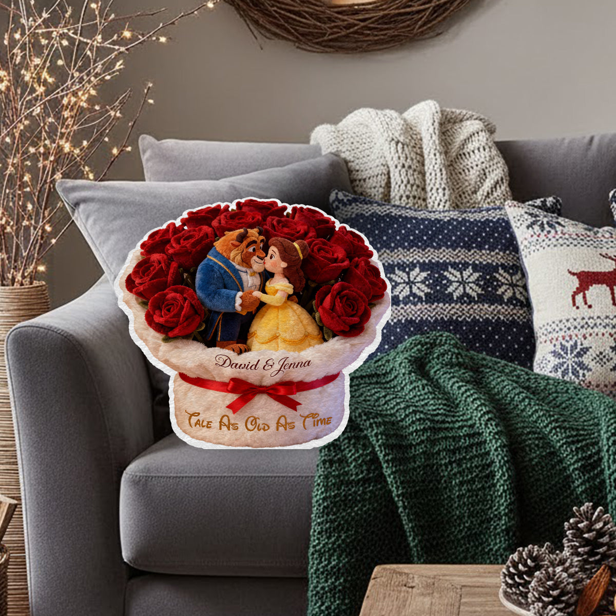 Personalized Faux Fur Shaped Pillow Beauty and the Beast Gift for Couples Faux Fur Shaped Pillow GradoCreations