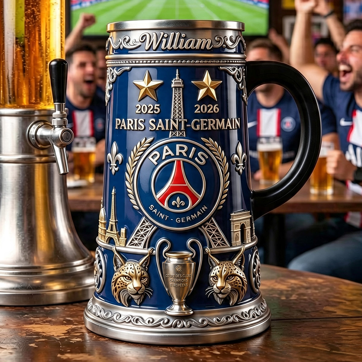 Personalized Paris Football Beer Stein Custom Name Gift for Sports Fans