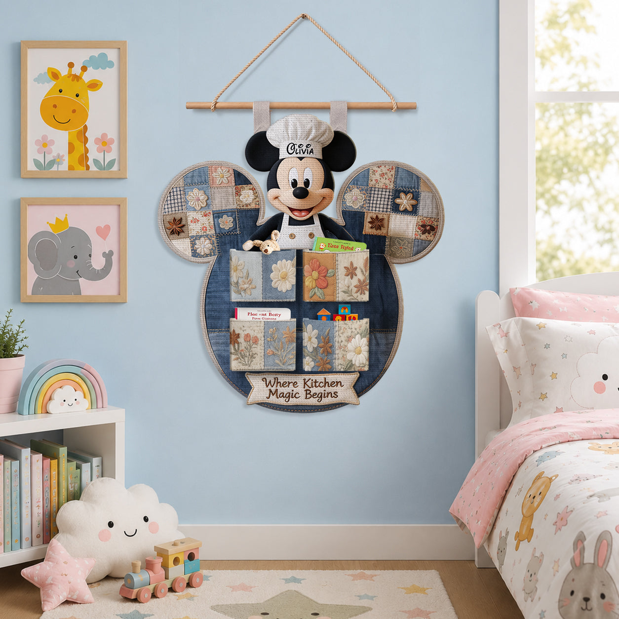 Personalized Mickey Mouse Hanging Organizer with 4 Pockets for Kids Room Hanging Organizer GradoCreations