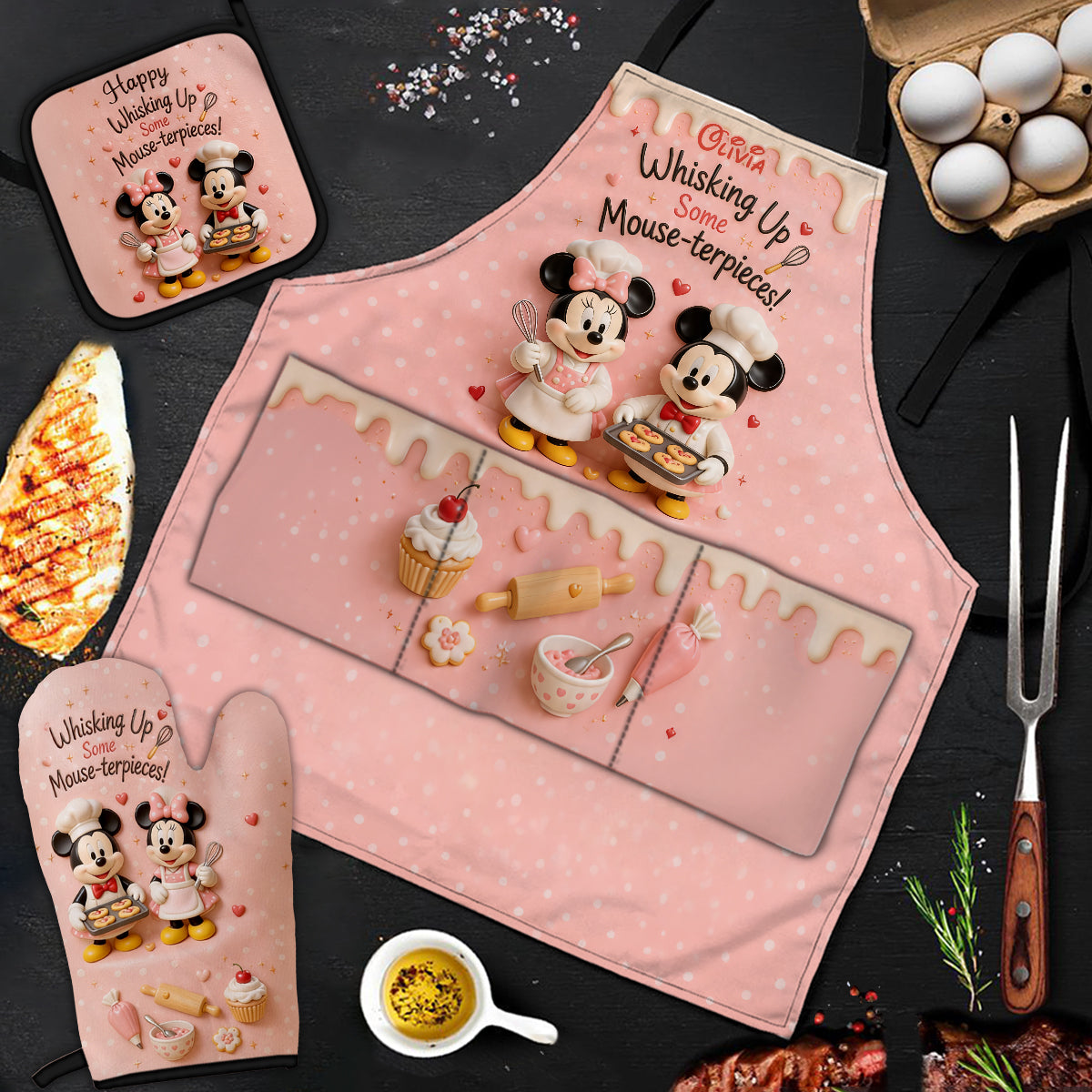 Personalized Cartoon Mouse Baking Apron & Mitts Set - Unique Gift for Mom Apron, Oven Mitts & Pot Holder GradoCreations