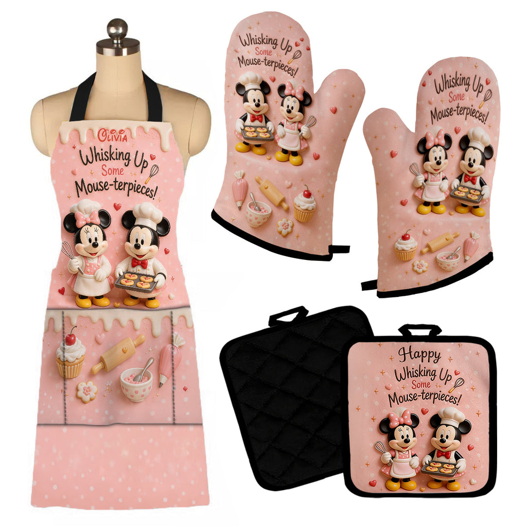 Personalized Cartoon Mouse Baking Apron & Mitts Set - Unique Gift for Mom Apron, Oven Mitts & Pot Holder GradoCreations