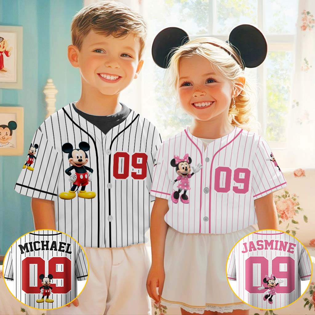 Personalized Kids Baseball Jersey with Mickey & Minnie Design | Custom Name Gift Baseball Jersey GradoCreations