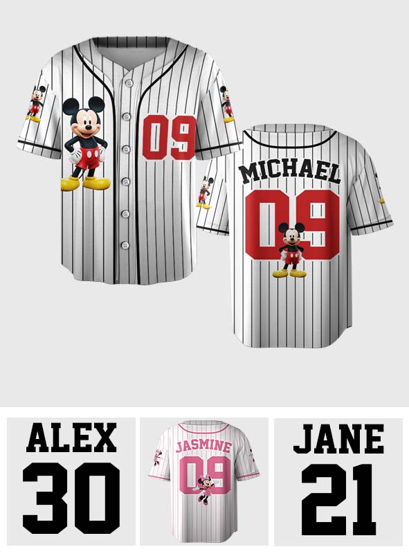 Personalized Kids Baseball Jersey with Mickey & Minnie Design | Custom Name Gift Baseball Jersey GradoCreations