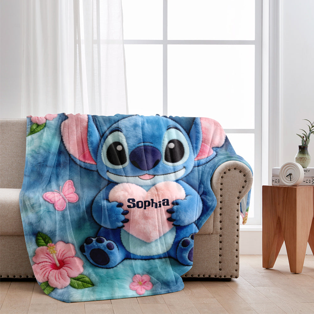 Personalized Blue Stitch Ohana Blanket Soft Flannel Gift Blanket GradoCreations
