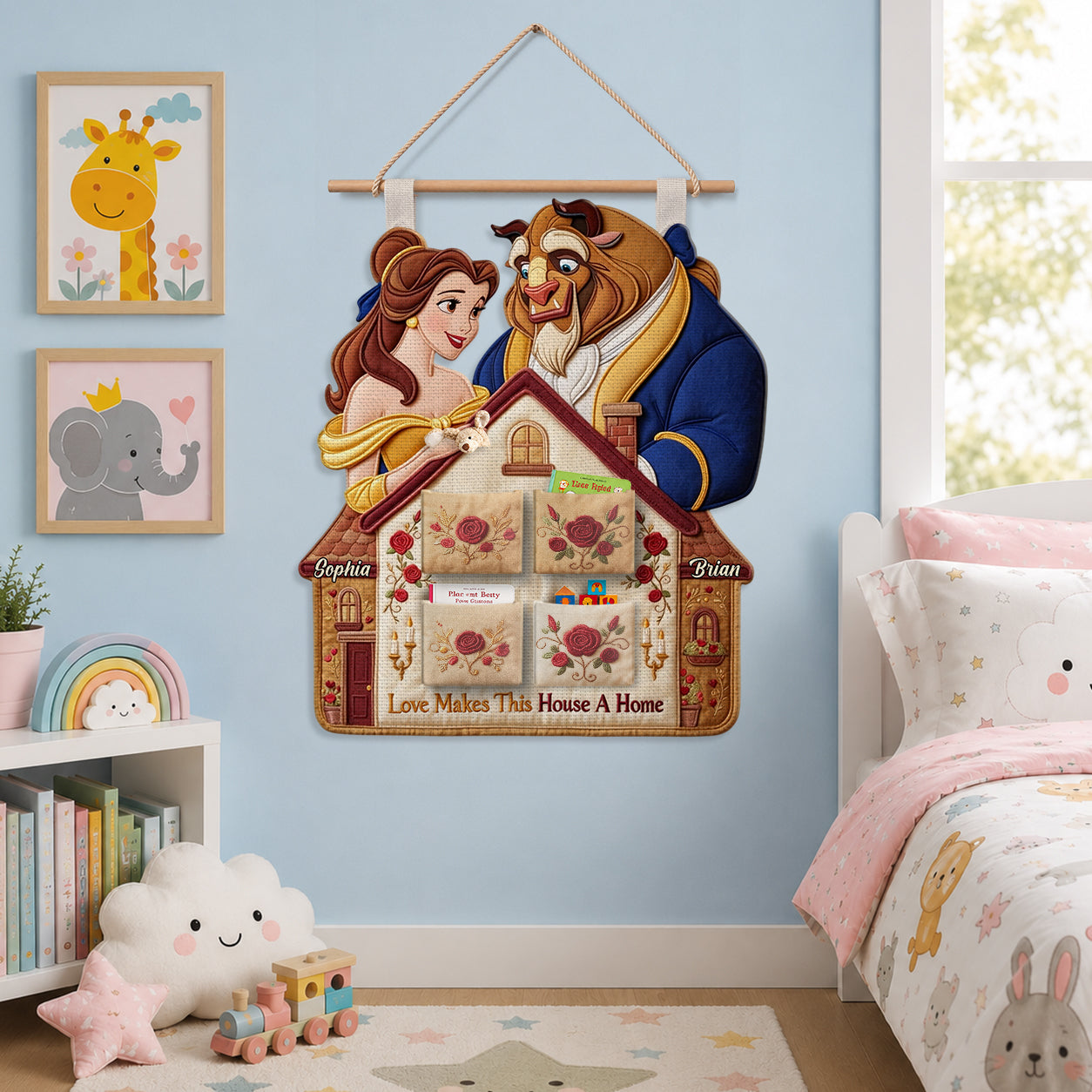 Personalized Beauty and the Beast Hanging Organizer with Custom Names Hanging Organizer GradoCreations