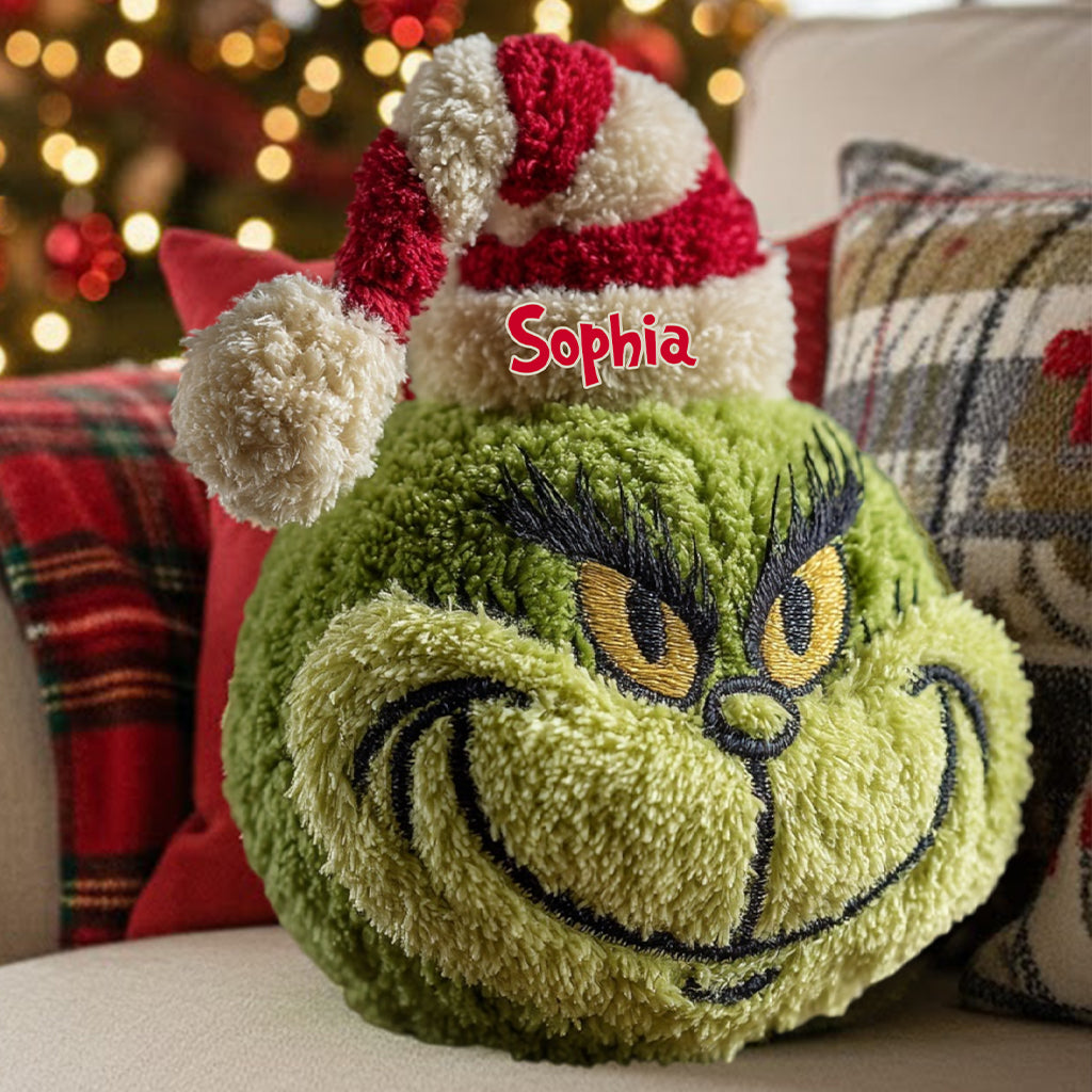 Personalized Grinch Shaped Pillow Custom Name Christmas Gift Faux Fur Shaped Pillow GradoCreations