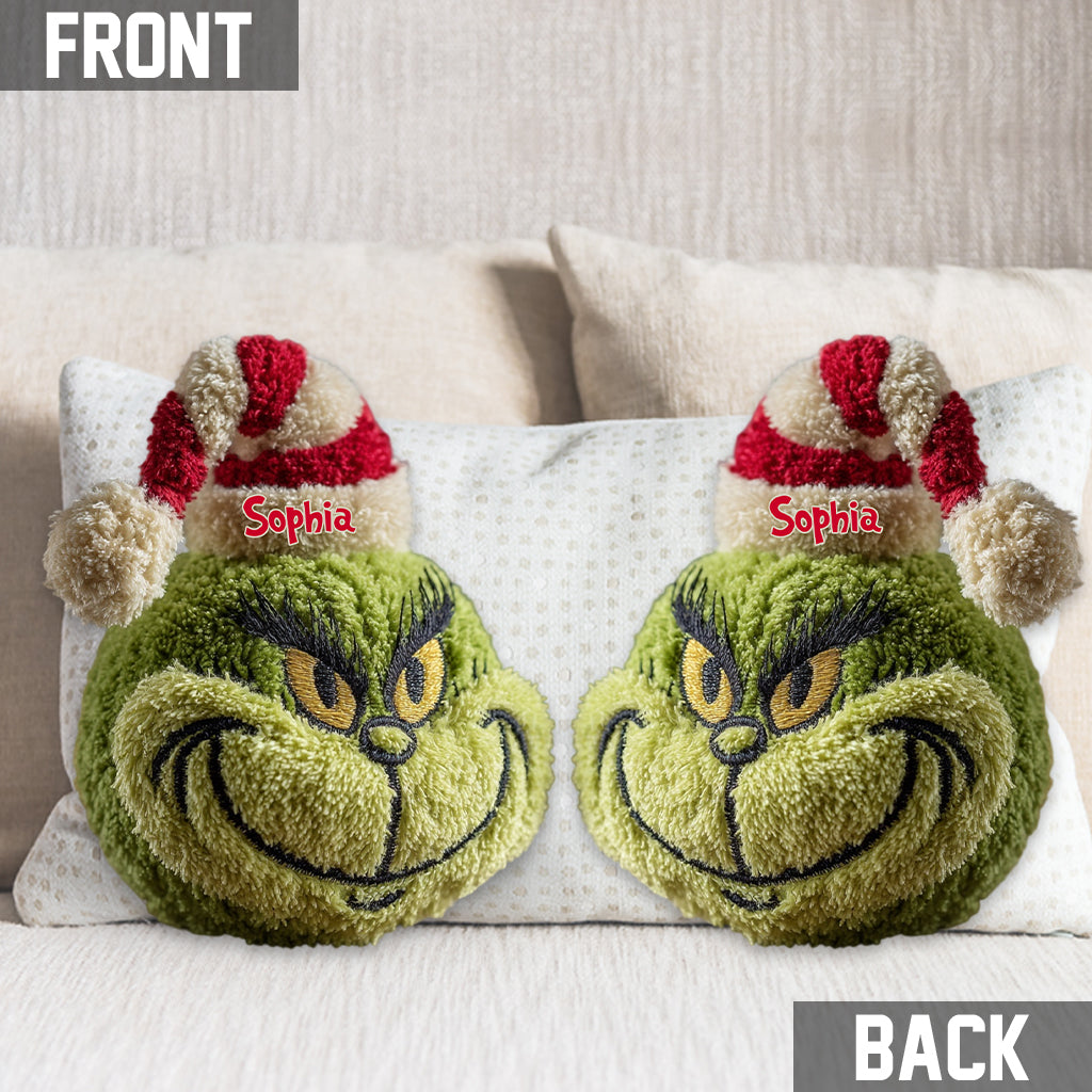 Personalized Grinch Shaped Pillow Custom Name Christmas Gift Faux Fur Shaped Pillow GradoCreations