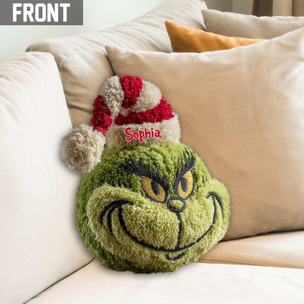 Personalized Grinch Shaped Pillow Custom Name Christmas Gift Faux Fur Shaped Pillow GradoCreations