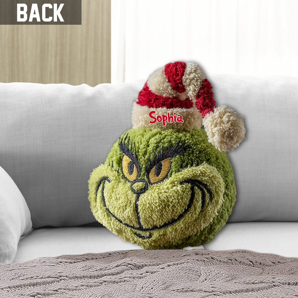 Personalized Grinch Shaped Pillow Custom Name Christmas Gift Faux Fur Shaped Pillow GradoCreations