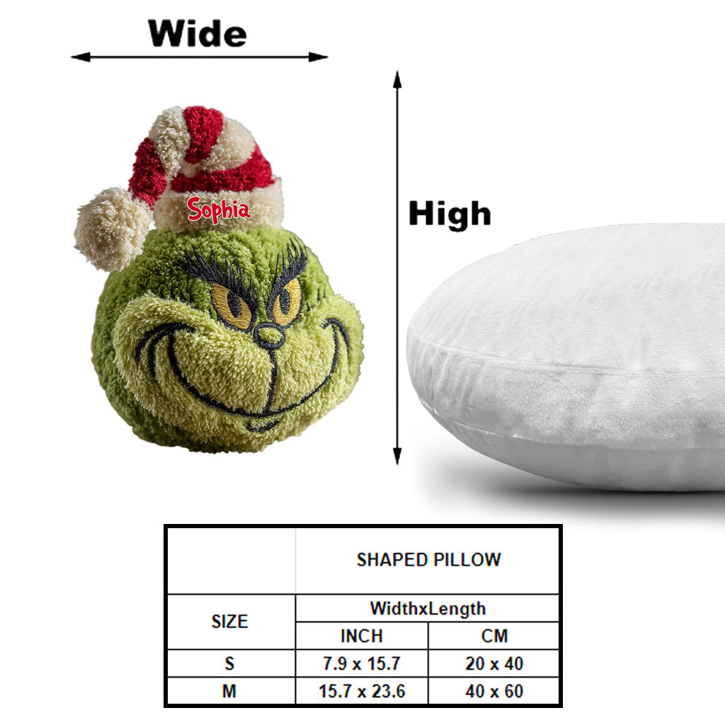 Personalized Grinch Shaped Pillow Custom Name Christmas Gift Faux Fur Shaped Pillow GradoCreations