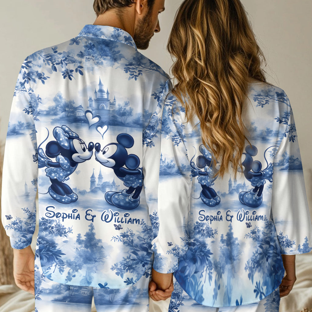Personalized Blue & White Mouse Couple Button Down Pajamas Set for Couples Button Down Pajamas GradoCreations