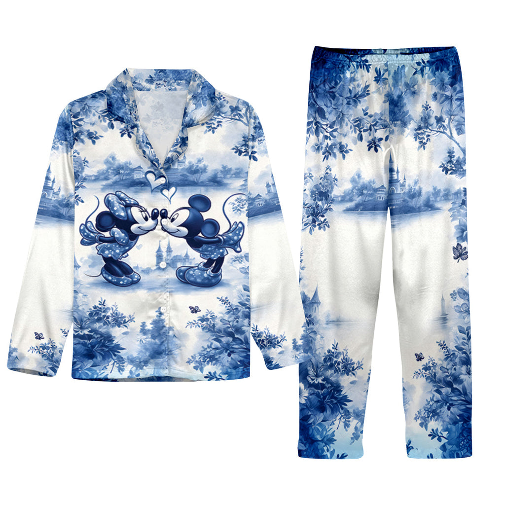 Personalized Blue & White Mouse Couple Button Down Pajamas Set for Couples Button Down Pajamas GradoCreations