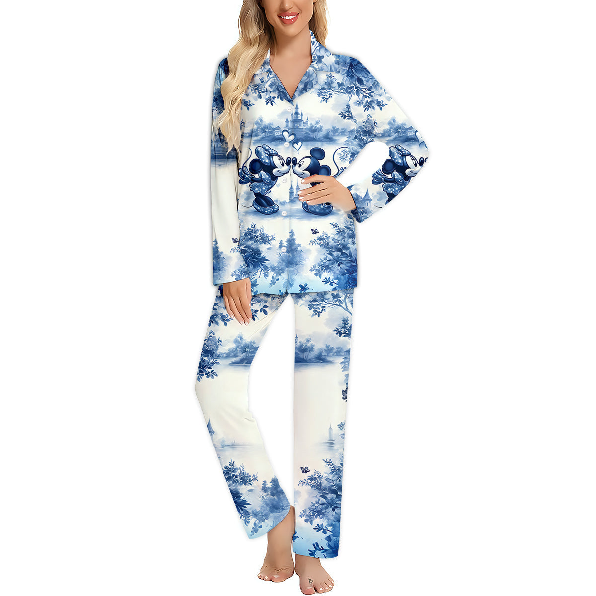 Personalized Blue & White Mouse Couple Button Down Pajamas Set for Couples Button Down Pajamas GradoCreations