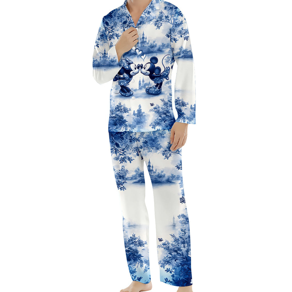 Personalized Blue & White Mouse Couple Button Down Pajamas Set for Couples Button Down Pajamas GradoCreations