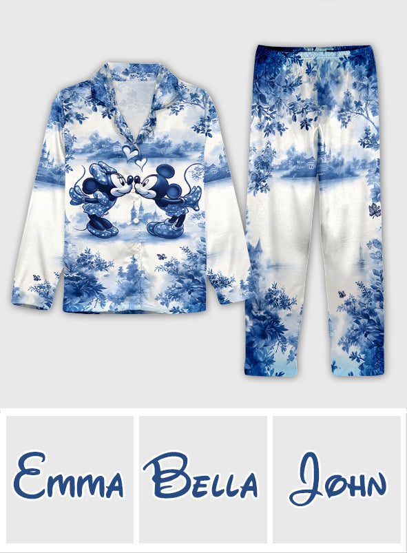 Personalized Blue & White Mouse Couple Button Down Pajamas Set for Couples Button Down Pajamas GradoCreations