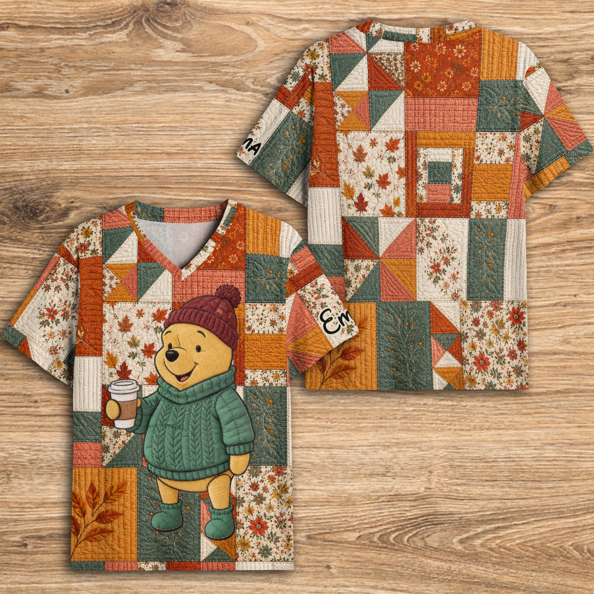 Personalized Autumn Vibes V-Neck T-Shirt with Honey Bear Design Fully Printed V-Neck T-Shirt GradoCreations