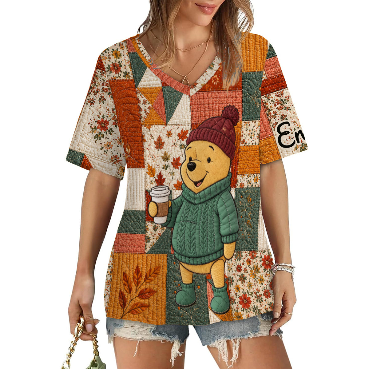 Personalized Autumn Vibes V-Neck T-Shirt with Honey Bear Design Fully Printed V-Neck T-Shirt GradoCreations