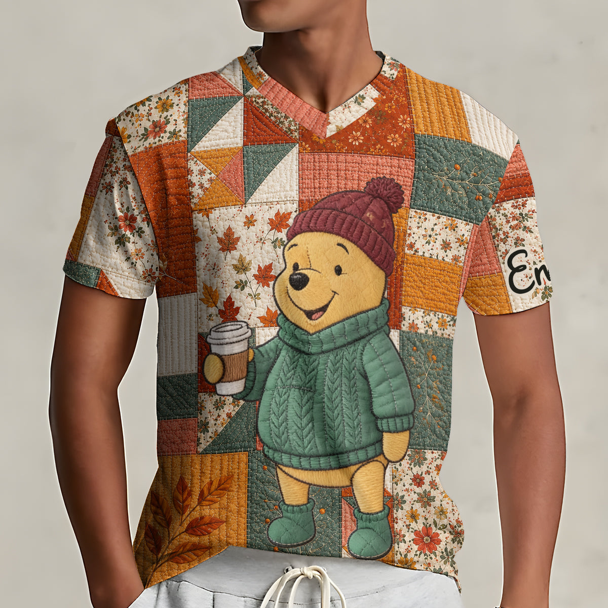 Personalized Autumn Vibes V-Neck T-Shirt with Honey Bear Design Fully Printed V-Neck T-Shirt GradoCreations