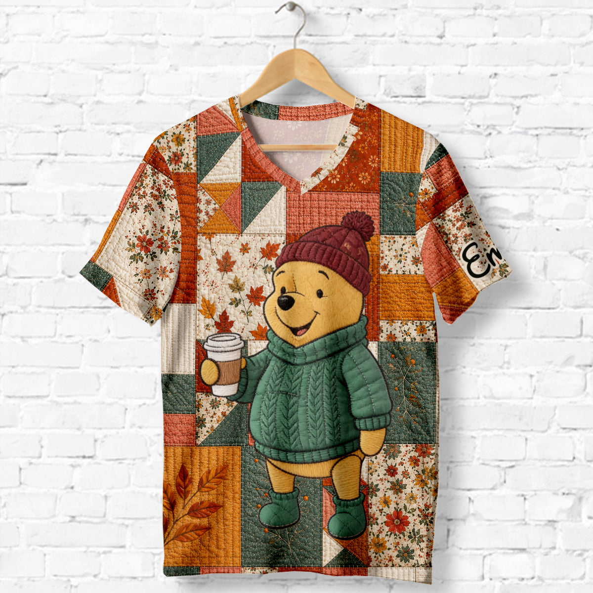 Personalized Autumn Vibes V-Neck T-Shirt with Honey Bear Design Fully Printed V-Neck T-Shirt GradoCreations