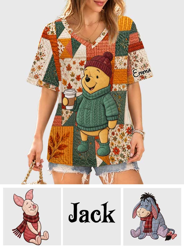 Personalized Autumn Vibes V-Neck T-Shirt with Honey Bear Design Fully Printed V-Neck T-Shirt GradoCreations