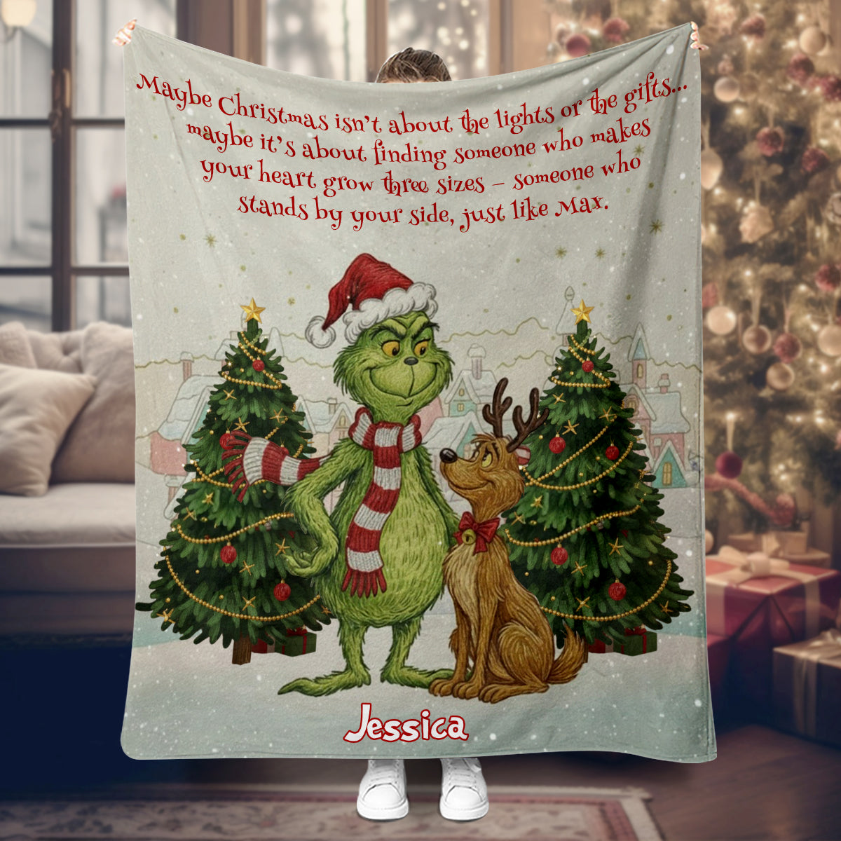 Personalized Christmas Blanket Grinch Design Custom Name Gift Blanket GradoCreations
