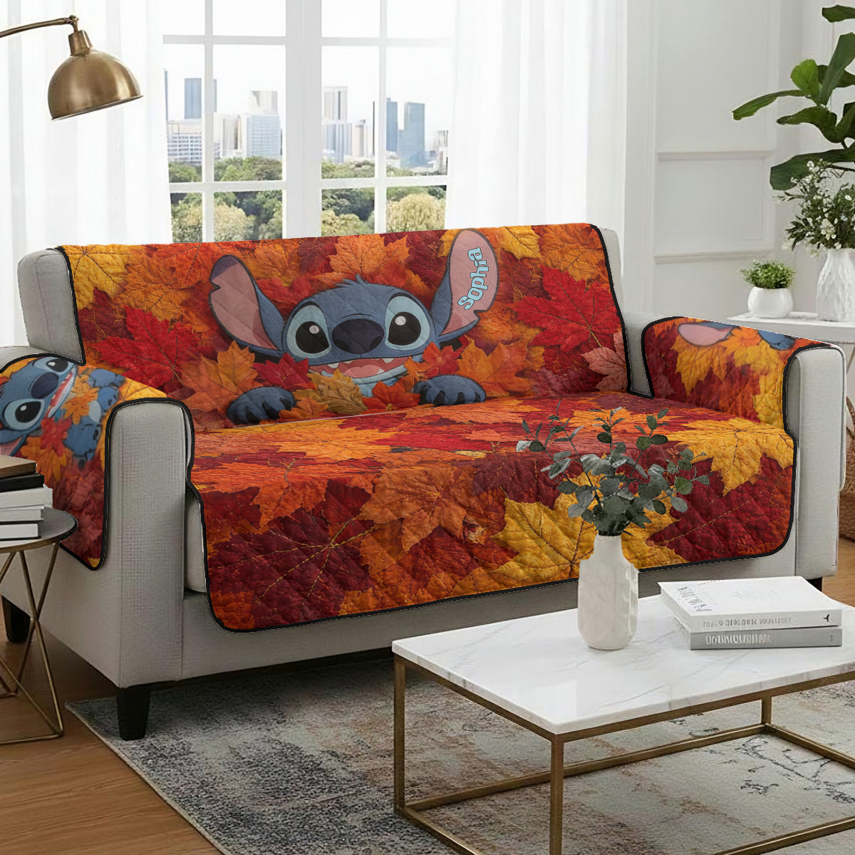 Personalized Quilted Sofa Cover with Fall Leaves Design for Home Decor Quited Sofa Cover GradoCreations