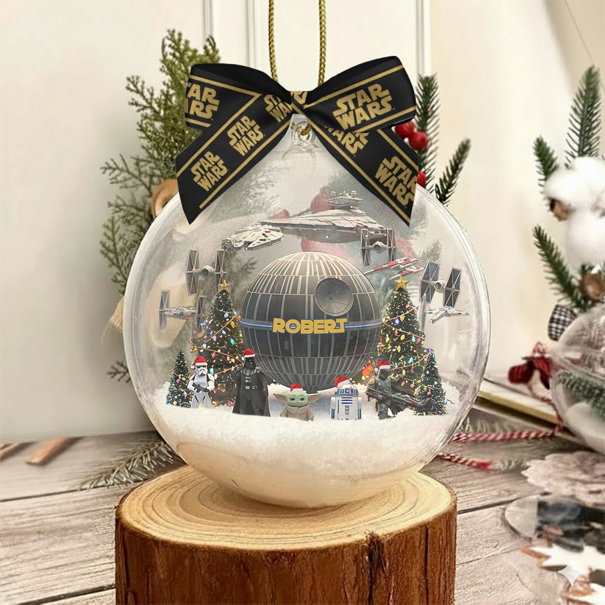 Personalized Star Wars Snow Globe Ornament with Bow for Christmas Snow Globe Ornament With Bow GradoCreations