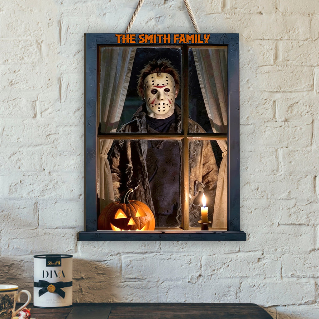 Personalized Creepy Slasher Window Scene Wood Sign Halloween Gift for Horror Lovers Wood Sign GradoCreations