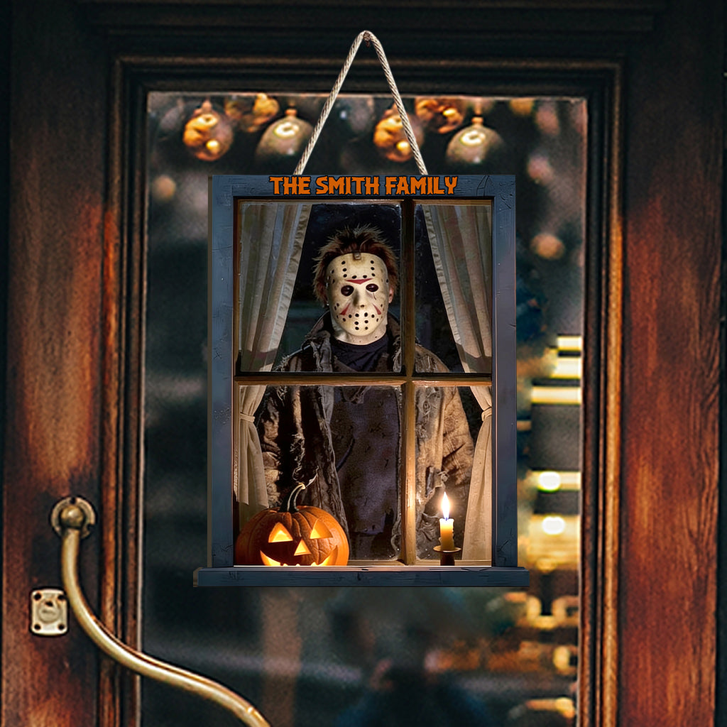 Personalized Creepy Slasher Window Scene Wood Sign Halloween Gift for Horror Lovers Wood Sign GradoCreations
