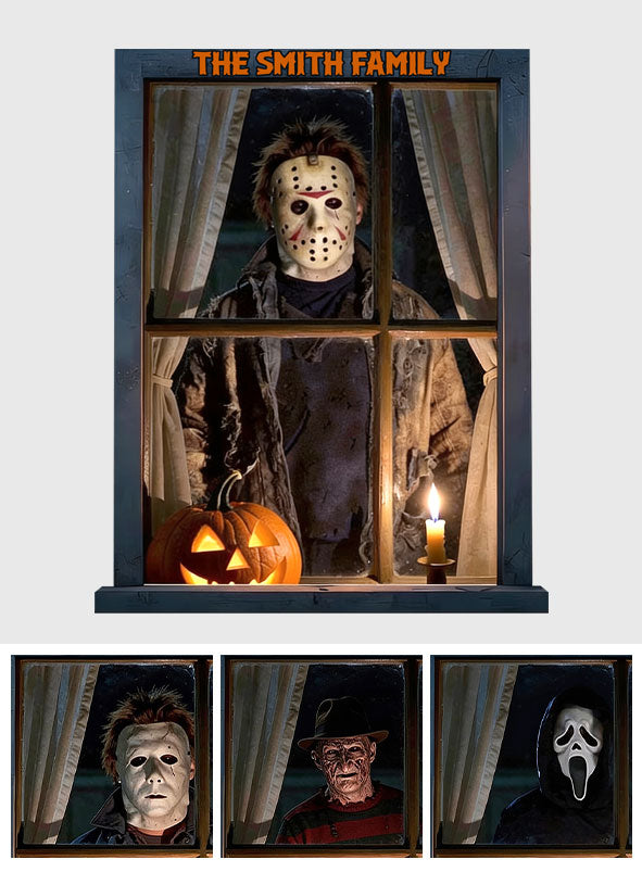 Personalized Creepy Slasher Window Scene Wood Sign Halloween Gift for Horror Lovers Wood Sign GradoCreations