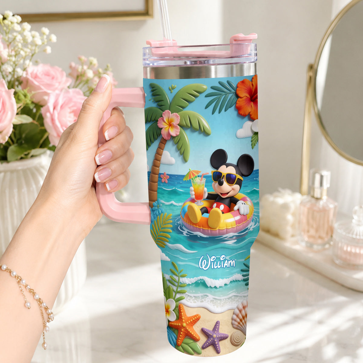 Personalized Summer Vibes Tumbler with Plush Charm for Kids Tumbler With Plush Charm GradoCreations