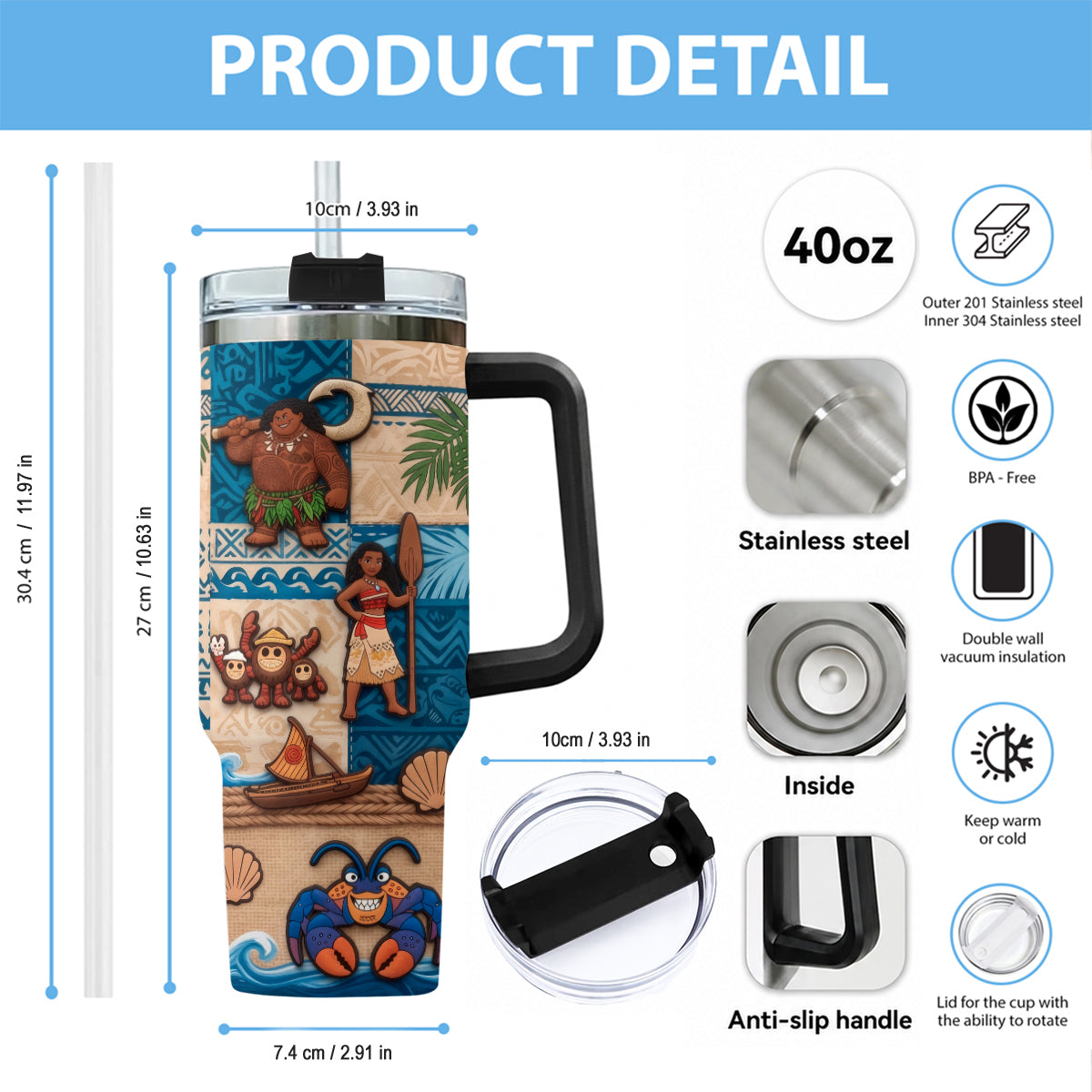 Personalized Moana Tumbler With Plush Charm Gift for Kids Tumbler With Plush Charm GradoCreations