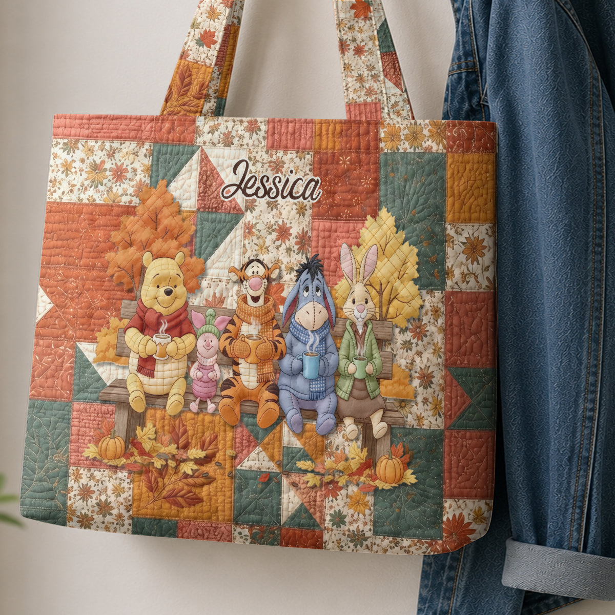 Personalized Autumn Quilted Tote Bag with Custom Name for Her Quilted Tote Bag GradoCreations