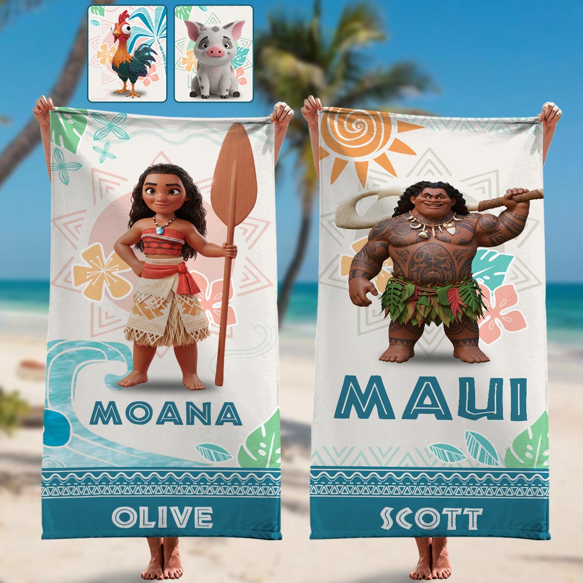 Personalized Moana and Maui Beach Towel Custom Name Gift Beach Towel GradoCreations