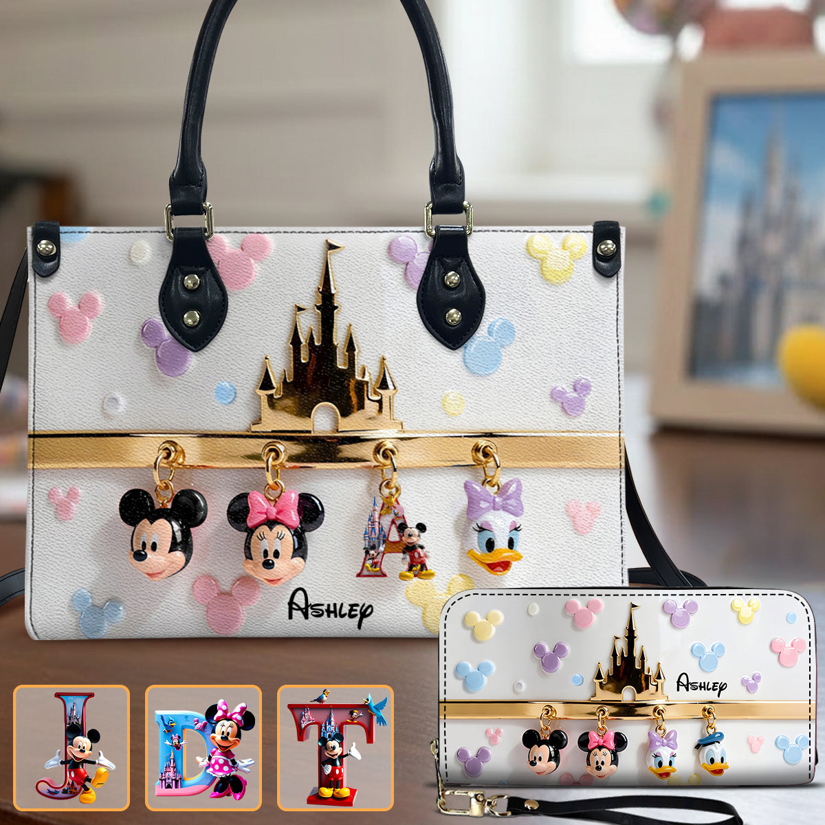 Personalized Mouse Leather Handbag & Long Wallet Gift for Her Leather Handbag & Leather Long Wallet GradoCreations
