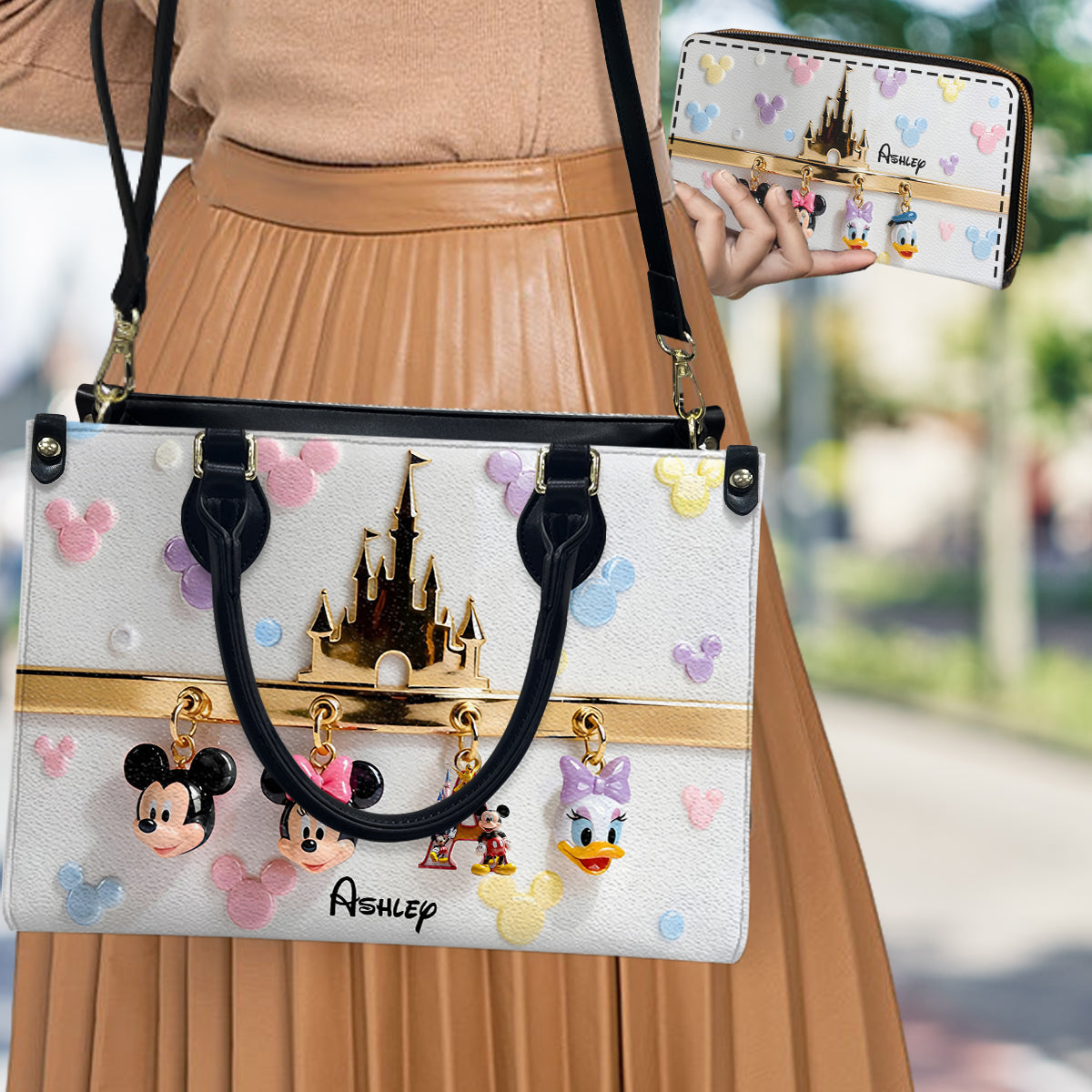 Personalized Mouse Leather Handbag & Long Wallet Gift for Her Leather Handbag & Leather Long Wallet GradoCreations