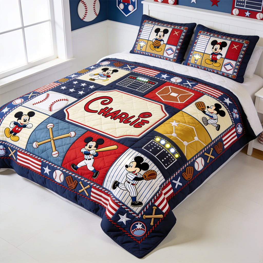 Personalized Mickey Mouse Baseball Quilt Bedding Set Custom Name Gift Quilted Bedding Set GradoCreations
