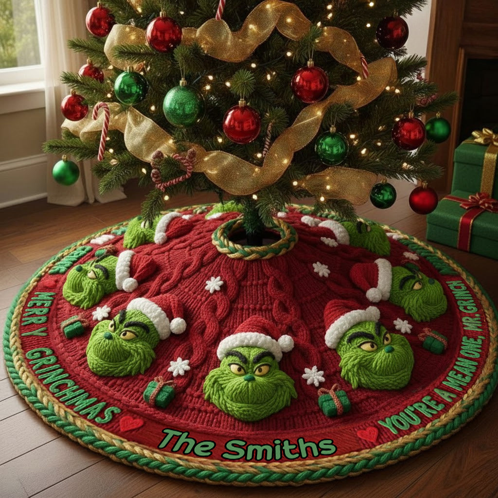 Personalized Grinch Tree Skirt Unique Holiday Decor Gift Shaped Tree Skirt GradoCreations