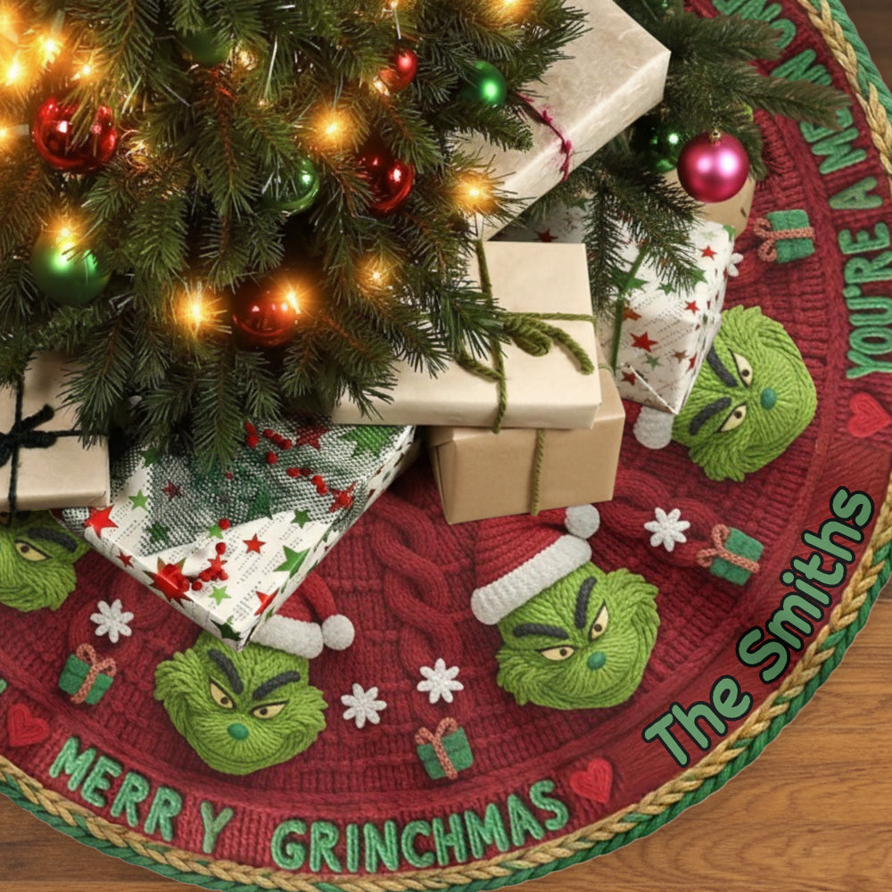 Personalized Grinch Tree Skirt Unique Holiday Decor Gift Shaped Tree Skirt GradoCreations